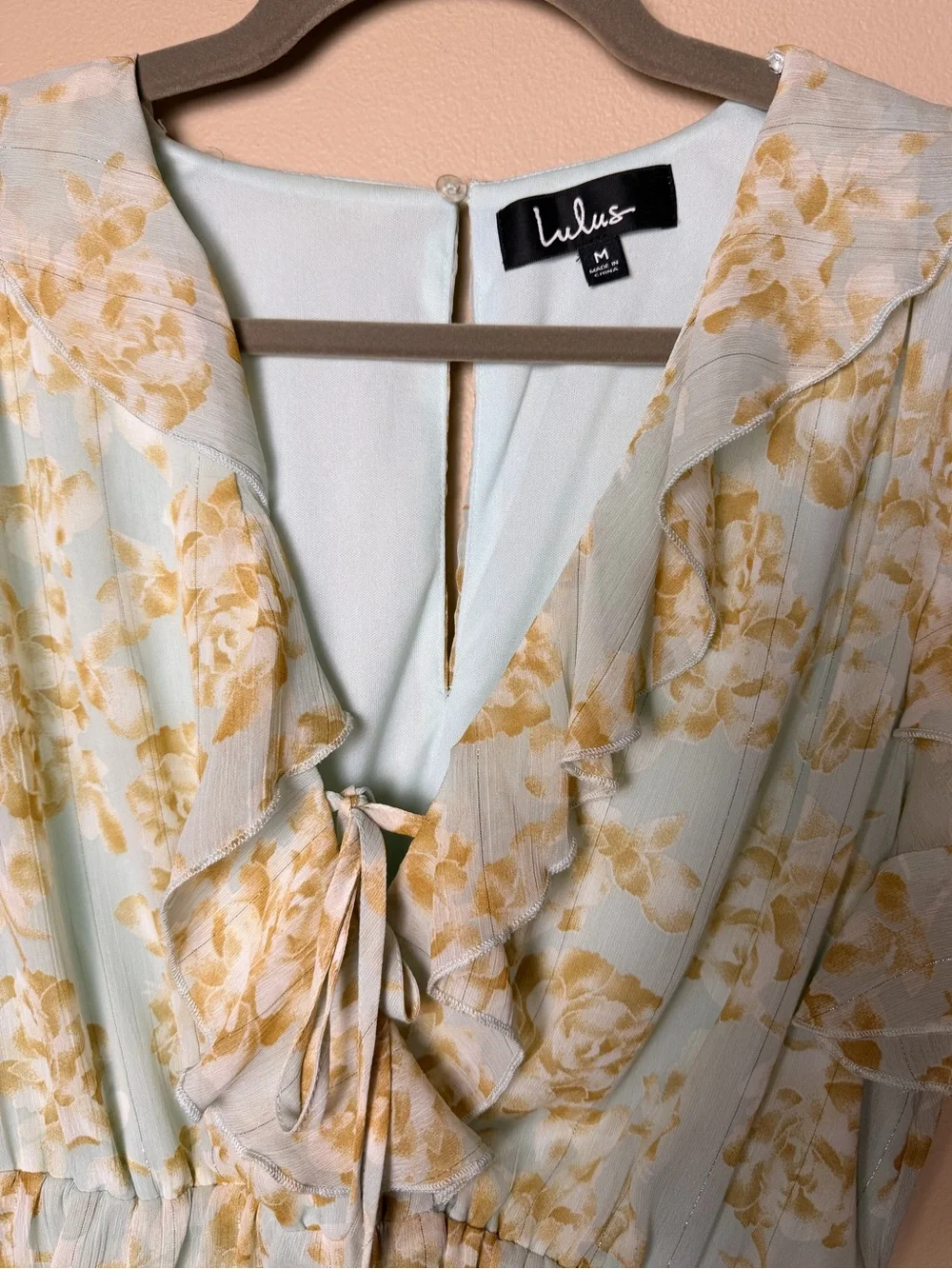 Lulus Dreaming Of Romance Dress M Mint Floral Ruffle Mini Tie Front Cottagecore - Picture 4 of 9